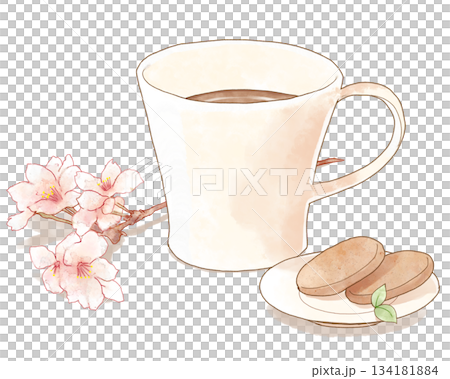 以櫻花和杯子為主題的春日咖啡館插畫 134181884