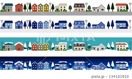 家・街並みのイラスト（昼・冬・夜）	 134181910