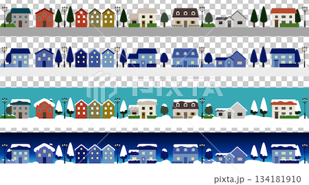 家・街並みのイラスト（昼・冬・夜）	 134181910