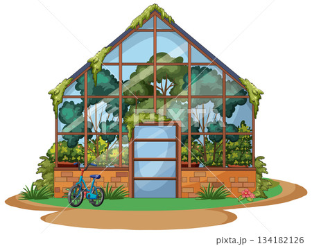 Glass Greenhouse with Lush Plants and Bicycle Outside 134182126
