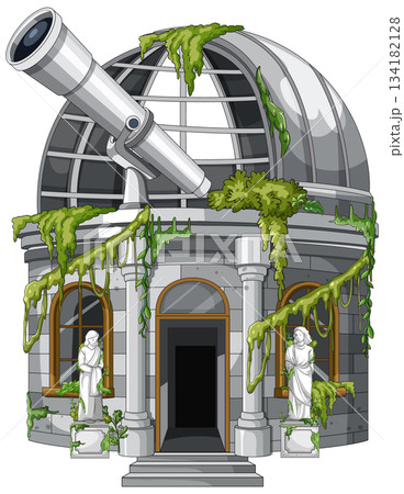 Abandoned Observatory Dome Overgrown With Green Vines 134182128
