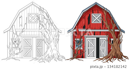 Abandoned Red Barn with Overgrown Tree Roots Illustration 134182142