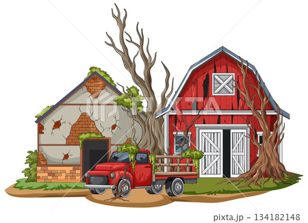 Abandoned Farmhouse and Barn with Rusty Red Pickup Truck Abandoned Farmhouse and Barn with Rusty Red Pickup Truck 134182148