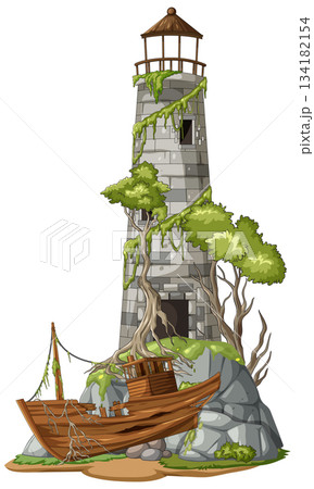 Abandoned Lighthouse and Shipwreck on Rocky Island Cliff Abandoned Lighthouse and Shipwreck on Rocky Island Cliff 134182154