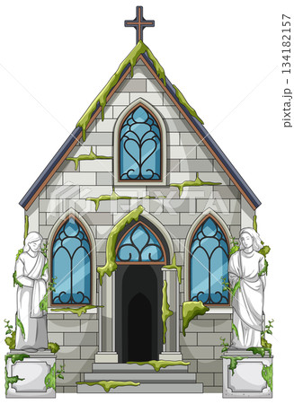 Abandoned Stone Chapel With Moss and Statues Abandoned Stone Chapel With Moss and Statues 134182157