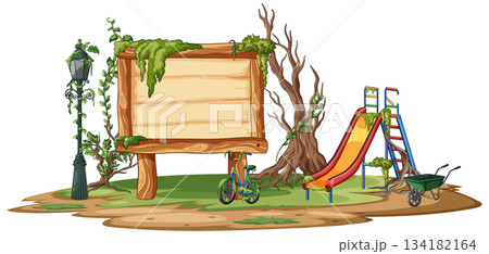 Abandoned Playground with Empty Signboard Abandoned Playground with Empty Signboard 134182164