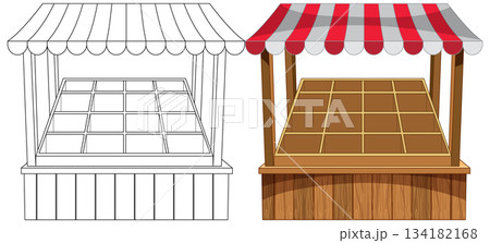Empty Wooden Market Stall with Striped Canopy Front View 134182168