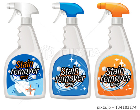 Three Stain Remover Spray Bottles with Colorful Labels Three Stain Remover Spray Bottles with Colorful Labels 134182174