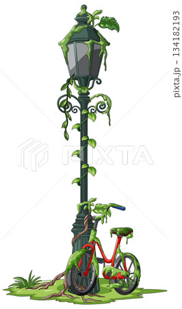 Overgrown Bicycle and Lamp Post in Abandoned Urban Setting Overgrown Bicycle and Lamp Post in Abandoned Urban Setting 134182193