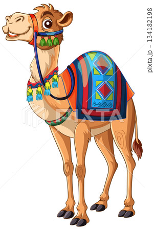 Cartoon Camel with Colorful Saddle Blanket Standing Upright 134182198
