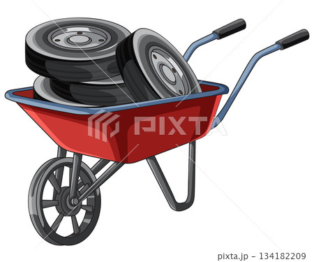 Red Wheelbarrow Carrying Stacked Car Tires Illustration 134182209