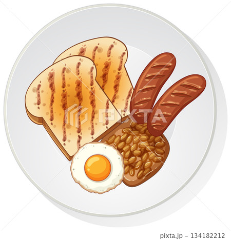 Grilled Toast, Sausages, Beans, and Fried Egg on Plate 134182212