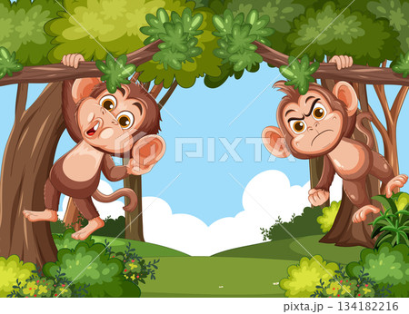 Two Cartoon Monkeys Hanging From Trees in Forest 134182216