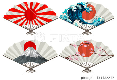 Japanese Folding Fans with Iconic Cultural Illustrations 134182217