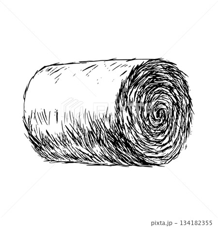 A roll of hay. Black and white vector illustration drawn by hand. Animal feed. For the design of farm projects, as well as packaging, labels, and more. A roll of hay. Black and white vector illustration drawn by hand. Animal feed. For the design of farm projects, as well as packaging, labels, and more. 134182355