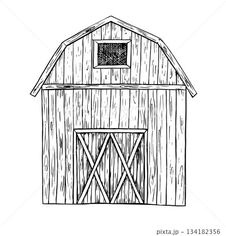 Wooden farm shed. Black and white vector illustration drawn by hand. Concept of an agricultural structure. Element of banner, label, postcard design, and more. Wooden farm shed. Black and white vector illustration drawn by hand. Concept of an agricultural structure. Element of banner, label, postcard design, and more. 134182356