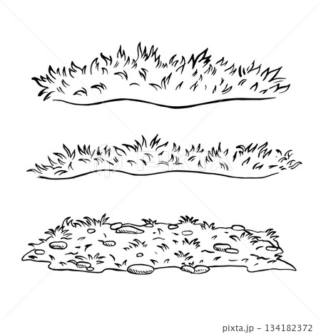 A set of elements made of grass. Black and white vector illustration drawn by hand. Construction set elements, landscapes, garden, yard, and more. 134182372