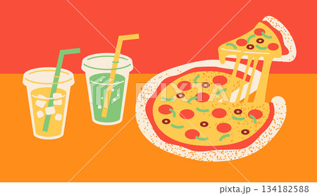 ピザとドリンクのイラスト ピザとドリンクのイラスト 134182588