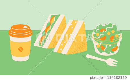 コーヒーとサンドイッチとサラダ 134182589