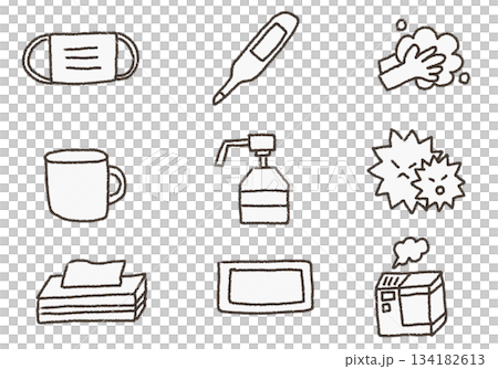 Infection prevention medical icon set (black and white) (mask, hand washing, disinfection, temperature check) [handwritten in crayon] 134182613