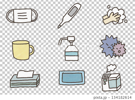 感染予防の医療アイコンセット（マスク・手洗い・消毒・検温）【クレヨン手書き】 134182614