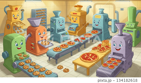 絵本風。食品工場の製造ラインと品質管理の様子 134182618