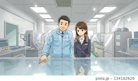 絵本風。食品工場で説明を聞く子供たちとスタッフのイラスト 134182620