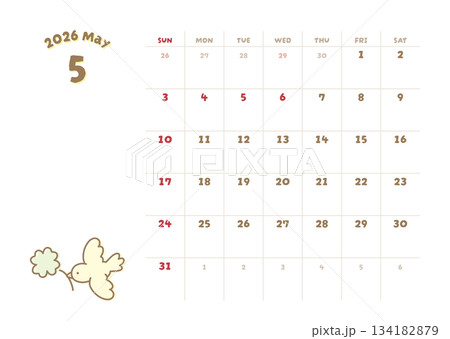 2026年5月カレンダー 小鳥と四葉のクローバーのイラスト 134182879