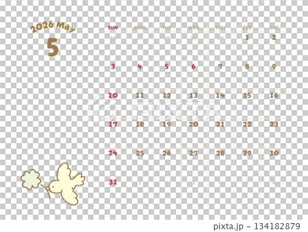 May 2026 Calendar - Illustration of a Little Bird and Four-Leaf Clover 134182879