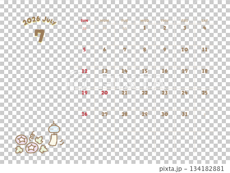 2026年7月曆 夏季牽牛花和風鈴插圖 2026年7月曆 夏季牽牛花和風鈴插圖 134182881