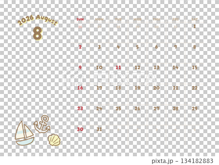 August 2026 Calendar Summer Sea Illustration August 2026 Calendar Summer Sea Illustration 134182883