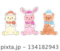 あったか冬のもこもこぬいぐるみ うさぎ くま ねこ マフラー 帽子 手描きイラスト パステル 色鉛筆 134182943
