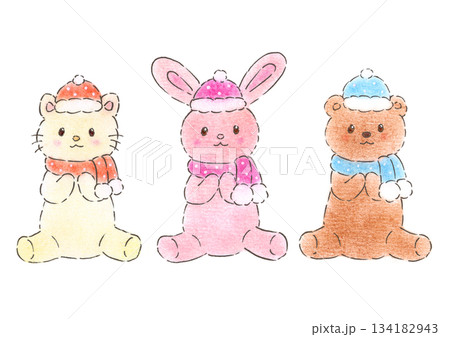 あったか冬のもこもこぬいぐるみ うさぎ くま ねこ マフラー 帽子 手描きイラスト パステル 色鉛筆 134182943