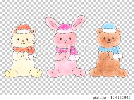 あったか冬のもこもこぬいぐるみ うさぎ くま ねこ マフラー 帽子 手描きイラスト パステル 色鉛筆 134182943