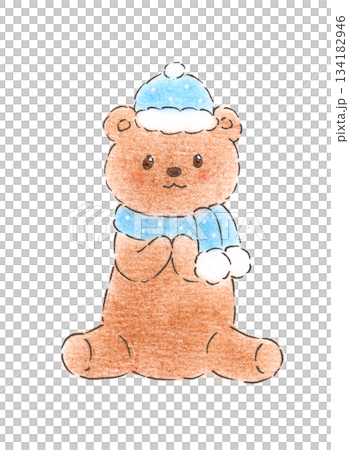 あったか冬のもこもこぬいぐるみ くま 水色 マフラー 帽子 手描きイラスト パステル 色鉛筆 134182946