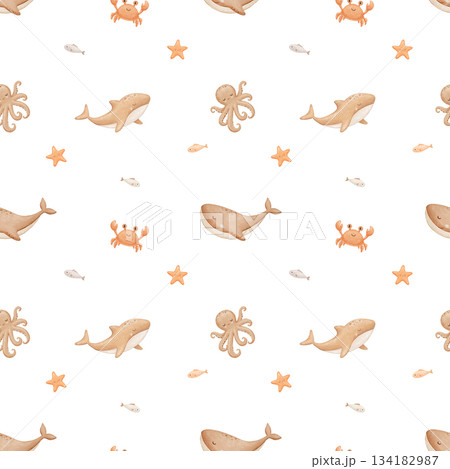 Seamless pattern with sea animals, hand drawn repeating background. Allover childish print for nursery Seamless pattern with sea animals, hand drawn repeating background. Allover childish print for nursery 134182987