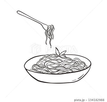 Outline illustration of pasta with fork. Spaghetti plate sketch. Lunch hand drawn doodle line art Outline illustration of pasta with fork. Spaghetti plate sketch. Lunch hand drawn doodle line art 134182988