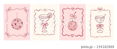 Whimsical frame with disco ball and cocktail. Mediterranean design perfect for poster or card 134182989