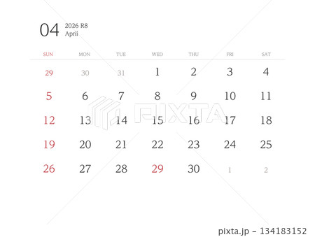 2026年カレンダー4月罫線なし 2026年カレンダー4月罫線なし 134183152