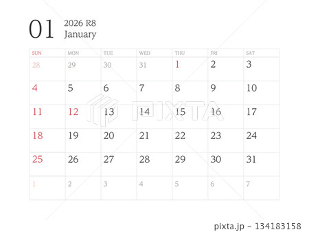2026年1月カレンダー 罫線あり 2026年1月カレンダー 罫線あり 134183158