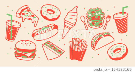 ファーストフードのイラストセット レトロなカラー ファーストフードのイラストセット レトロなカラー 134183169