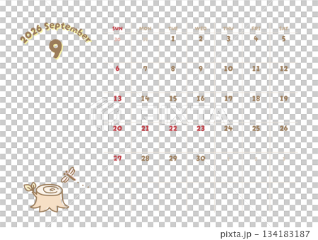 2026年9月カレンダー とんぼ 切り株、秋野イメージイラスト入り 2026年9月カレンダー とんぼ 切り株、秋野イメージイラスト入り 134183187