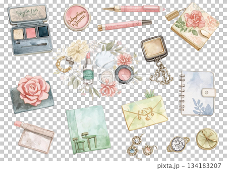 化妝品和彩妝的水彩插畫 134183207