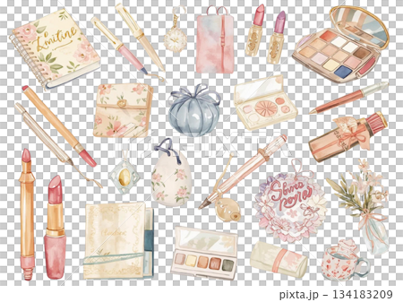 化妝品和彩妝的水彩插畫 134183209