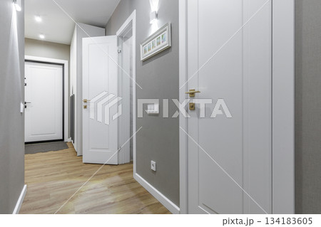 Modern Apartment Hallway with White Doors and Wooden Floor Modern Apartment Hallway with White Doors and Wooden Floor 134183605