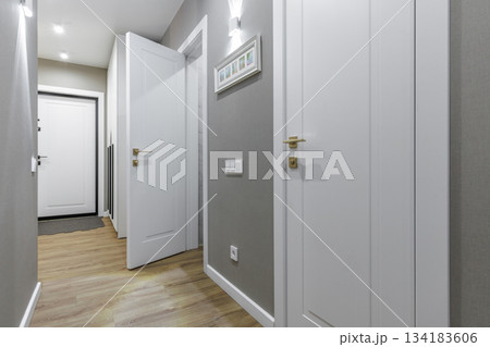 Modern Apartment Hallway with White Doors and Wooden Floor 134183606