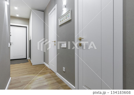 Modern Apartment Hallway with White Doors and Wooden Floor 134183608
