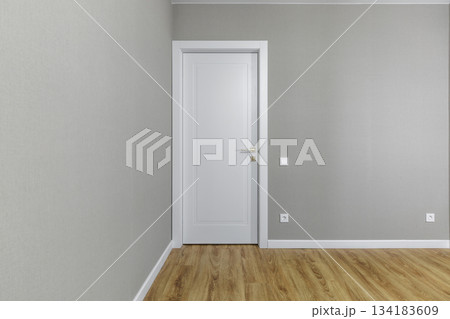 White Interior Door with Golden Handle and Wooden Floor in Modern Apartment 134183609