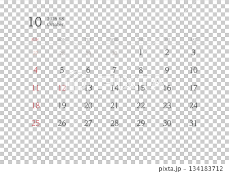 2026年10月カレンダー 罫線なし 2026年10月カレンダー 罫線なし 134183712