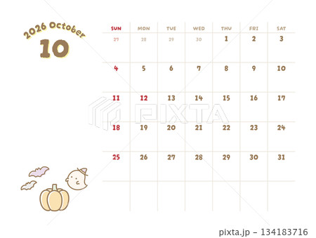 2026年10月カレンダー ハロウィンのイラスト入り 134183716
